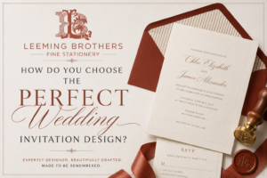 Luxury wedding invitation suite featuring elegant bespoke stationery, premium paper, embossed detailing and matching envelopes, illustrating how to choose the perfect wedding invitation design by Leeming Brothers Fine Stationery.